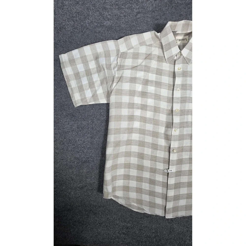 JT Beckett Mens Short Sleeve Linen Blend Plaid Button Up Shirt Tan White Size‎ M